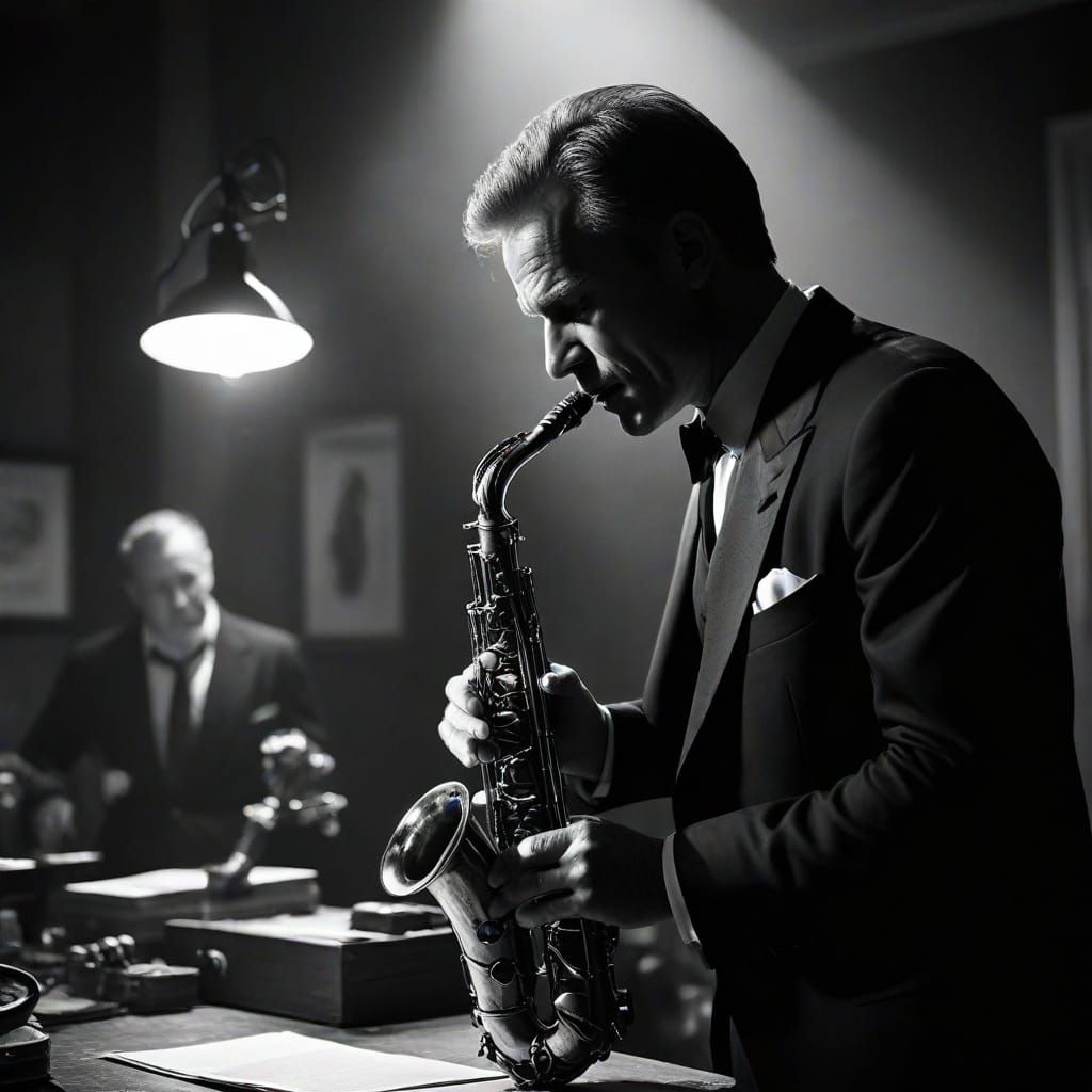 Saxophonist in Smoky Jazz Club, a Film Noir Masterpiece