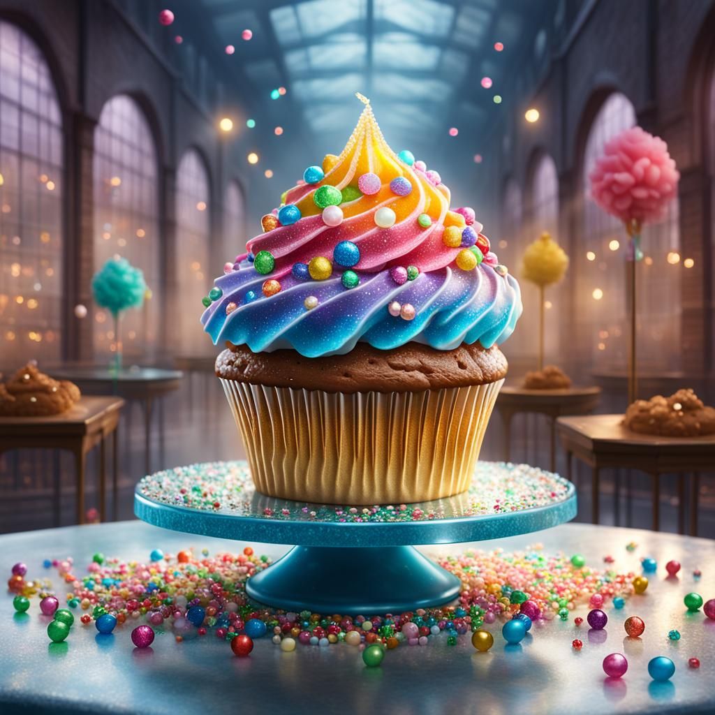 Detailed Cupcake in Misty Warehouse: Digital Art