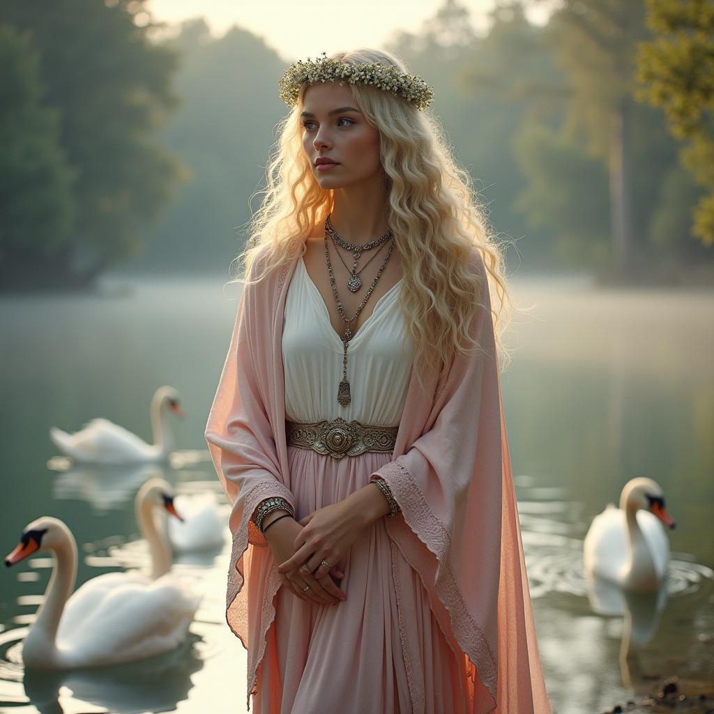 Ethereal Woman with Swans in Dreamlike Setting