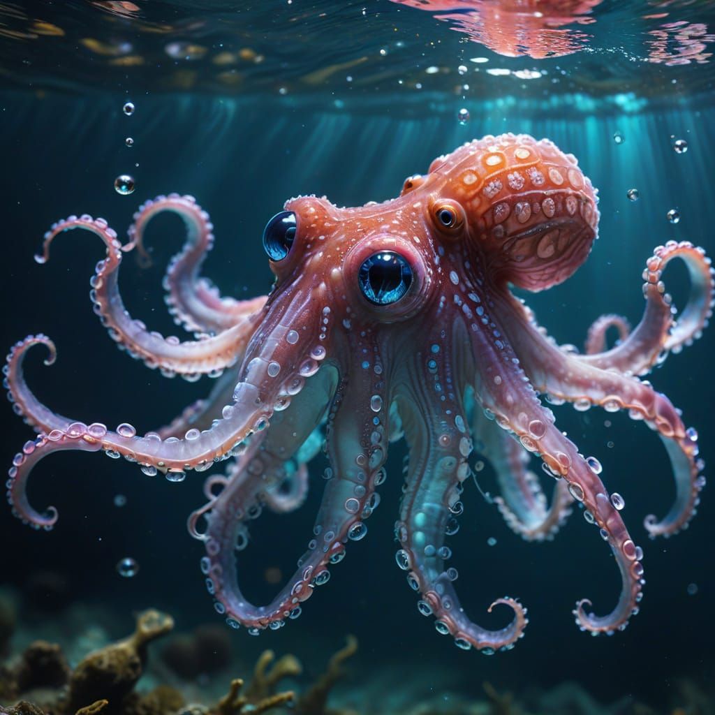 Adorable Smiling Octopus with Bioluminescent Features in Mac...