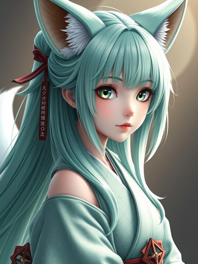 Anime Portrait of Fox Maiden with Green Hair