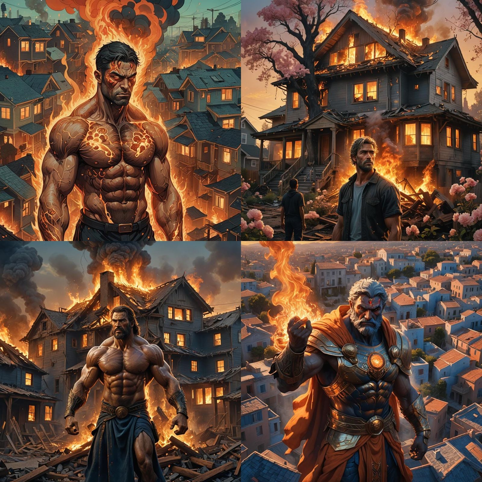 Atlas Holds Burning House in Matte Painting Style