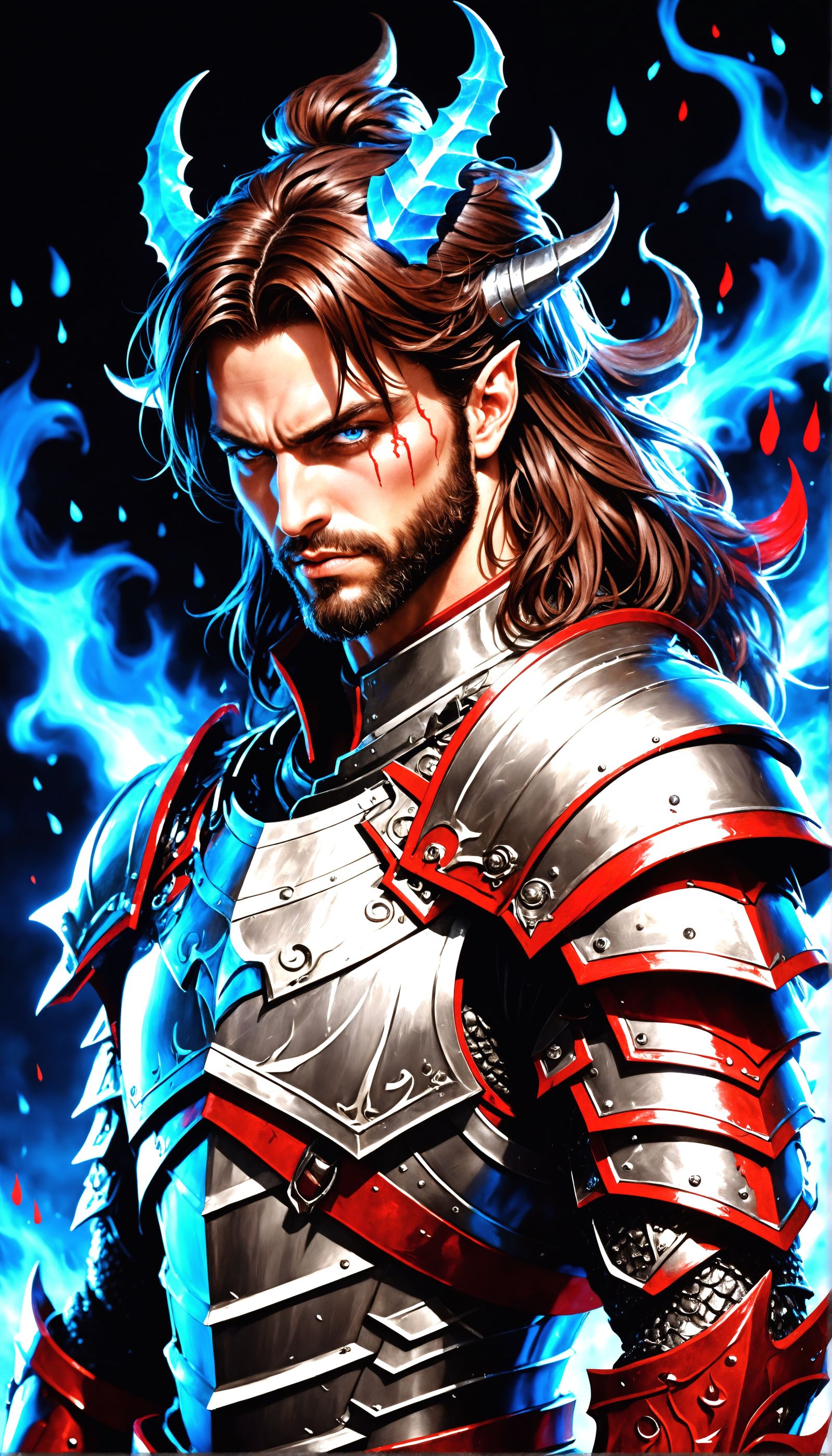 Male Demon, Well Groomed Beard and long Mahogany Brown Hair,...