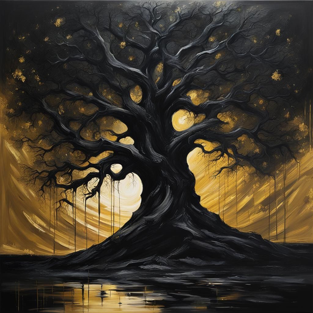 Black Tree Painting with Golden Highlights