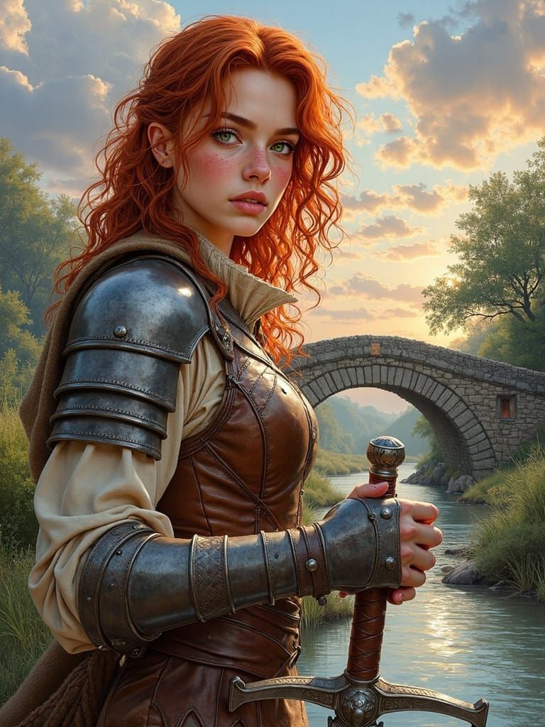 Heroic Warrior Maiden Leans on Sword by Ancient Bridge