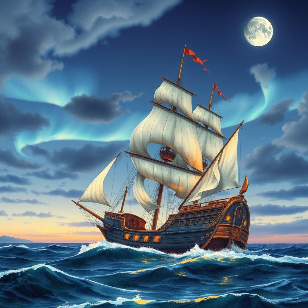 Pirate Ship on Mediterranean Sea at Dusk