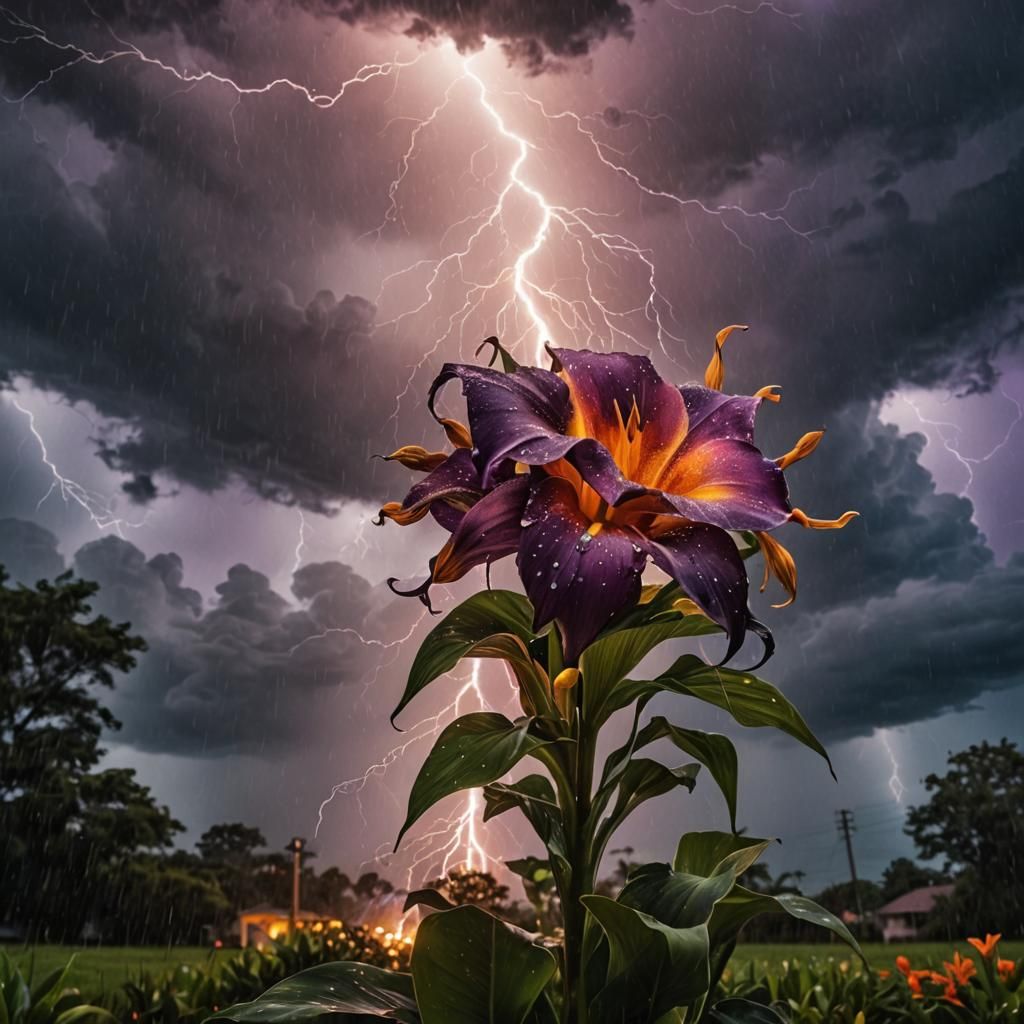 Hyperrealistic Lightning Flower in a Fiery Thunderstorm