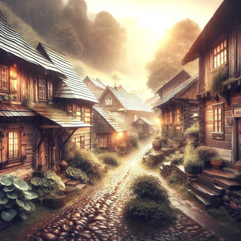 Nostalgic Old Village Landscape on a Rainy Day