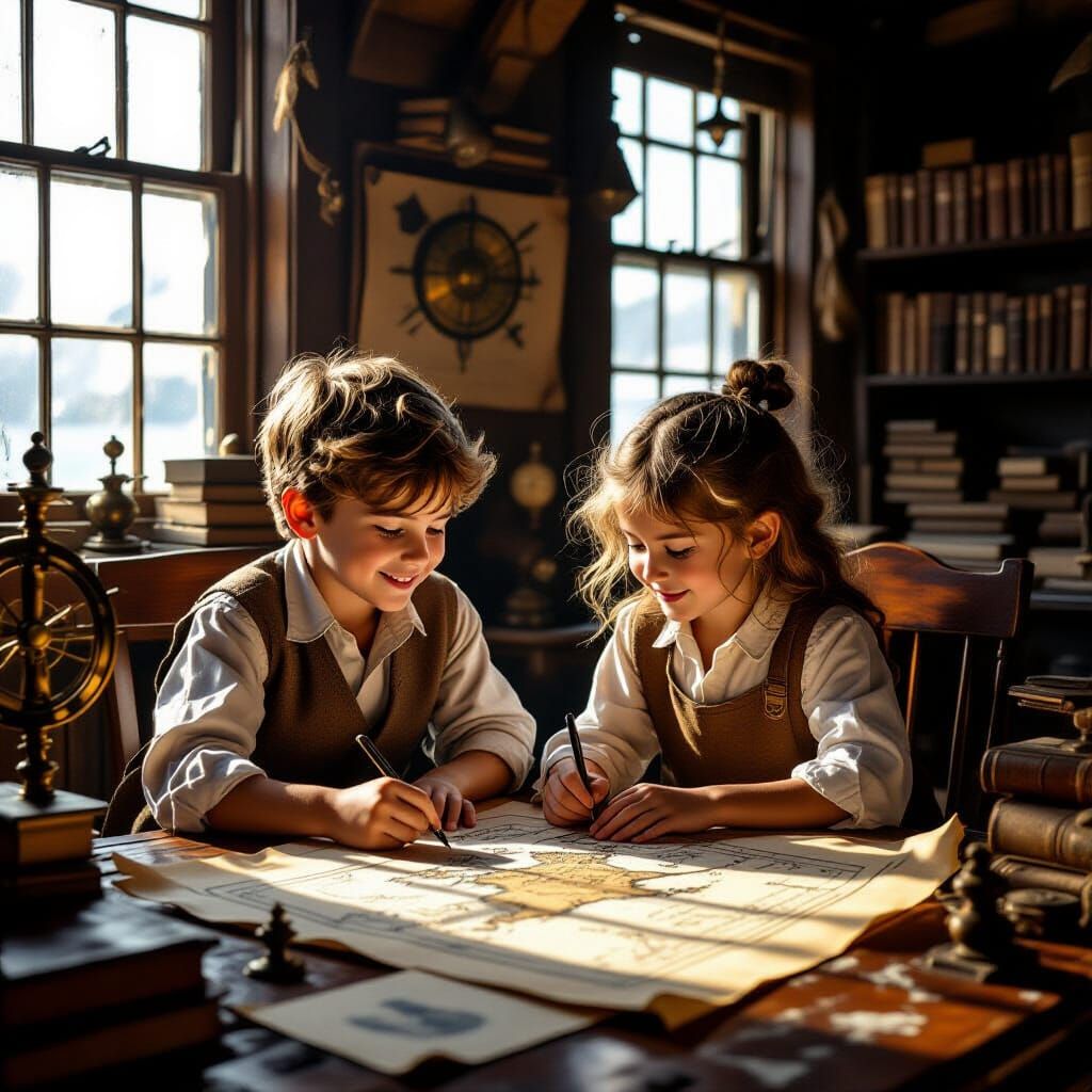 Children Map Uncharted Island with Ancient Tools