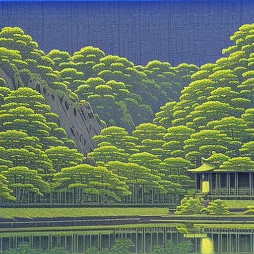 Serene Temple Landscape in Shin-hanga Style