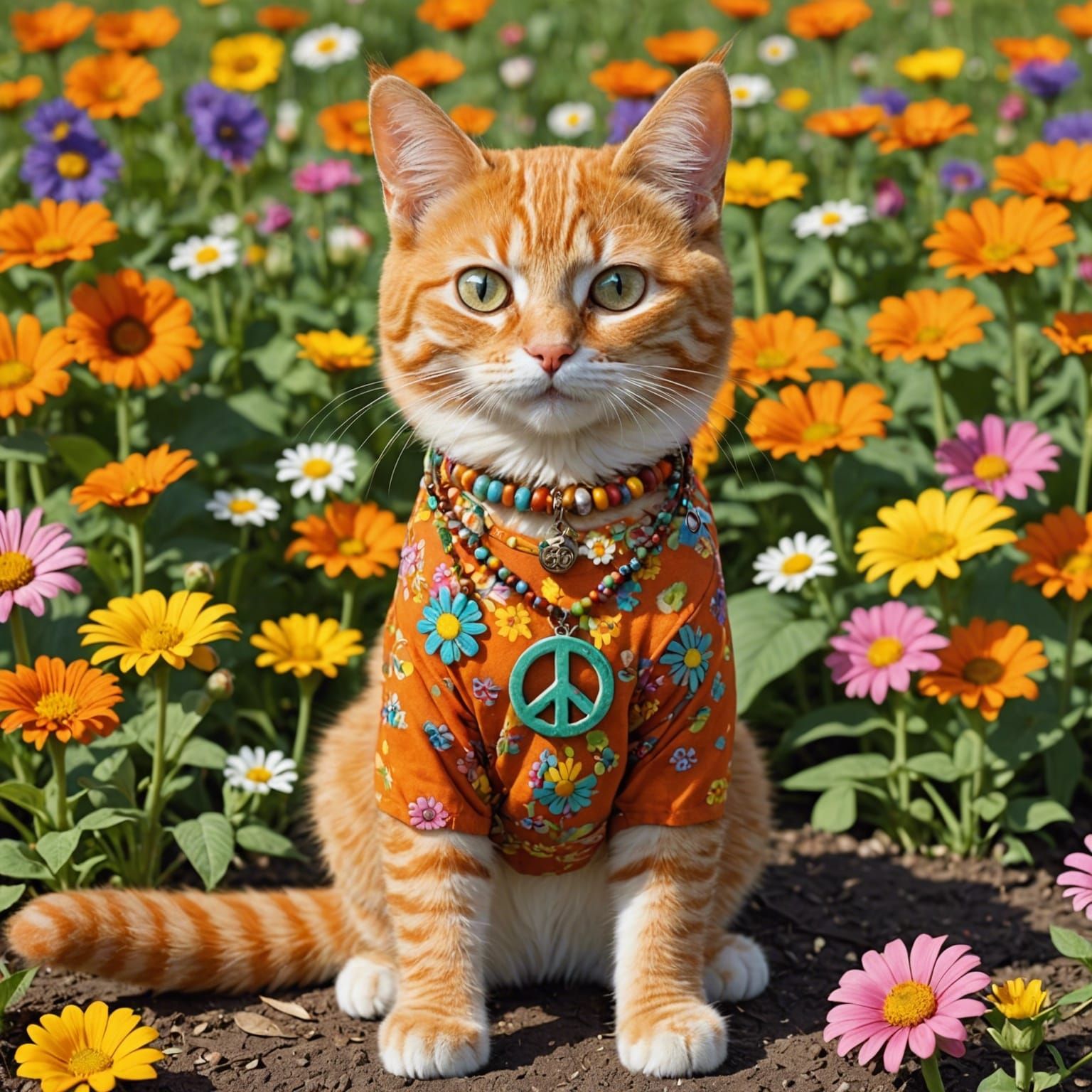 Hippie Cat in Psychedelic Flower Field