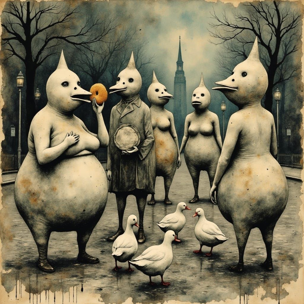 Surreal Park Scene: Bold Figures Feed Ducks in Collage Style