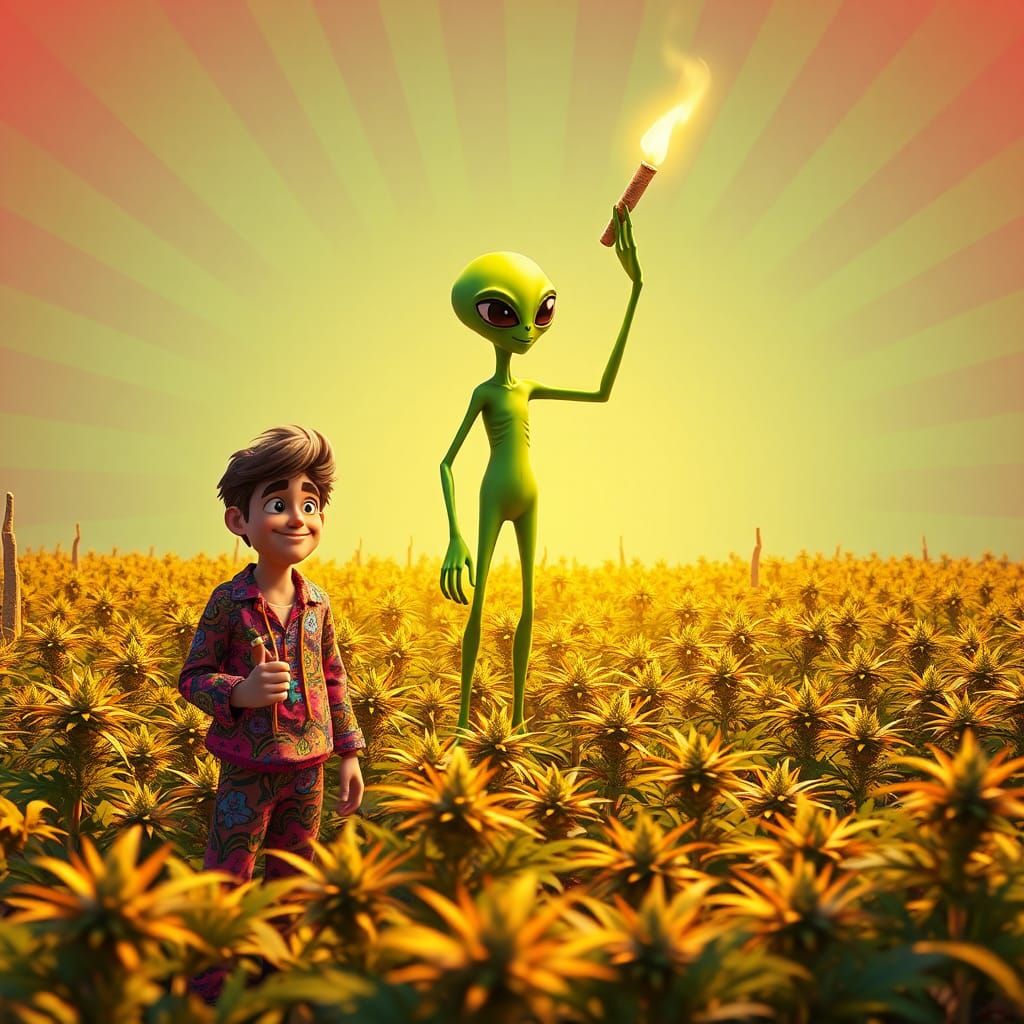 Alien Offering Joint in Psychedelic Cannabis Field