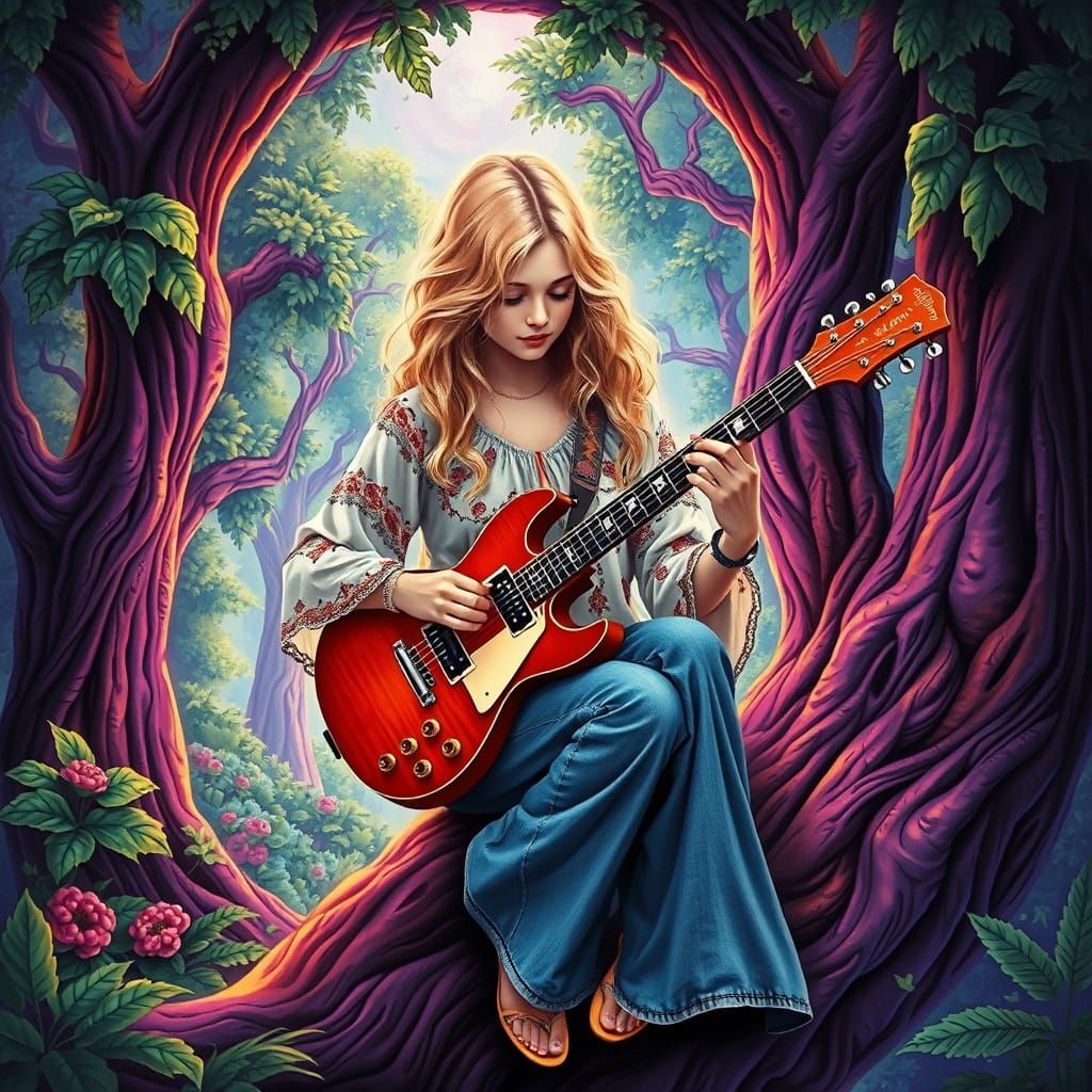 Psychedelic Forest Scene with Guitarist, Roger Dean Style