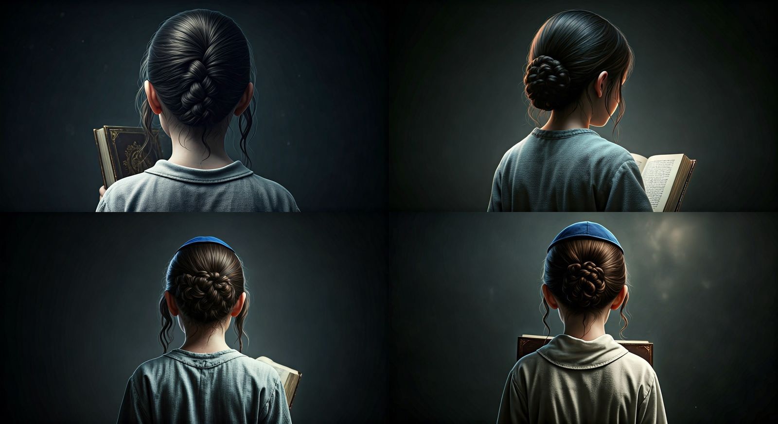 Realistic Young Jewish Girl in Simple Attire, Holding Prayer...