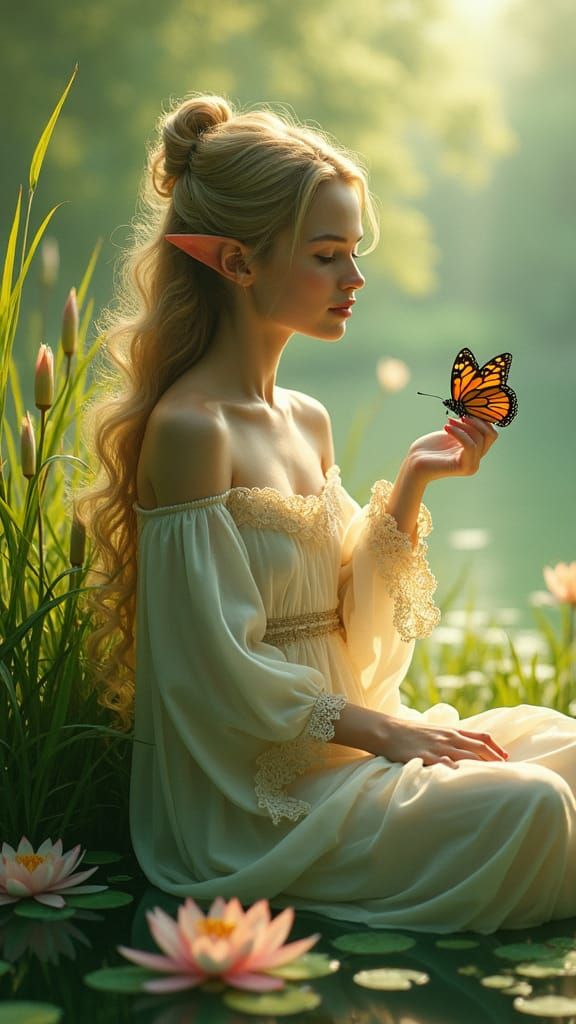 Elf Maiden with Butterfly on Meadow in Digital Painting Styl...