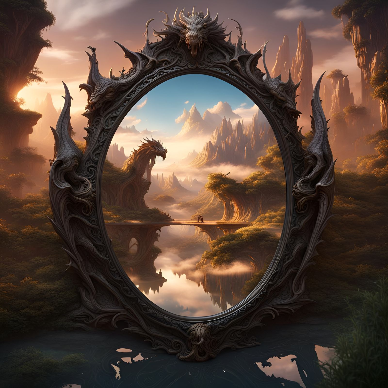 Magical Mirror Reflecting Dragon and Fantasy Land
