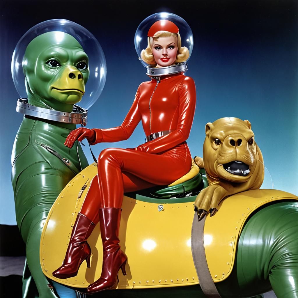 Retro Sci-Fi Woman Riding a Green Humanoid