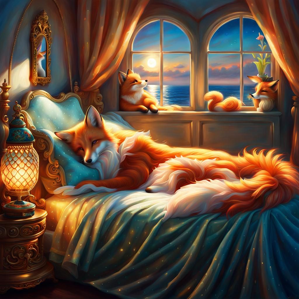 Fox Mermaid Asleep in Shimmering Gown