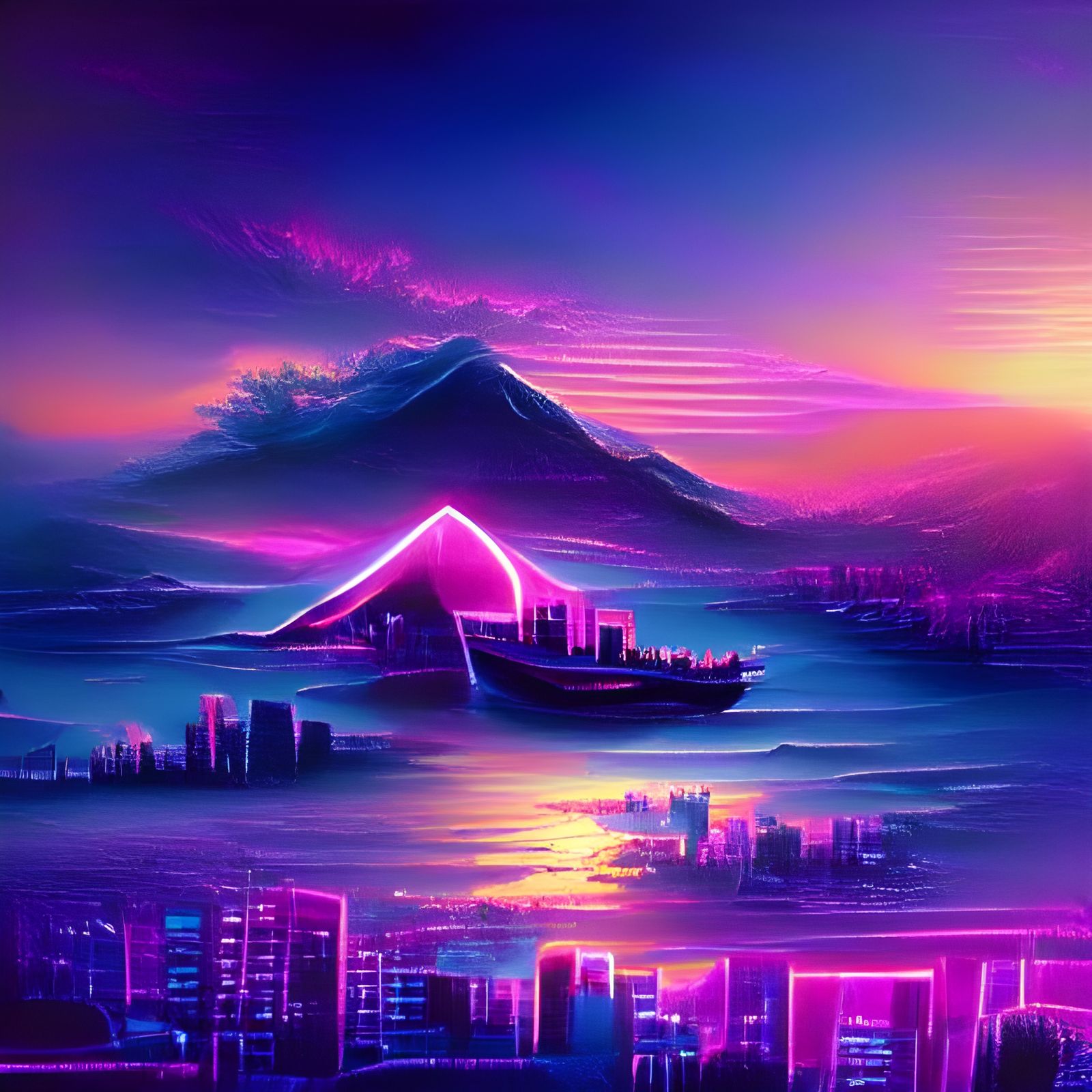Retrowave Dreamscape with Neon Sunset and Purple Glow