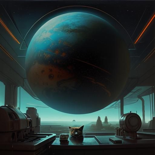 Tabby Cat at Alien Gas Station in Earthy Surrealism