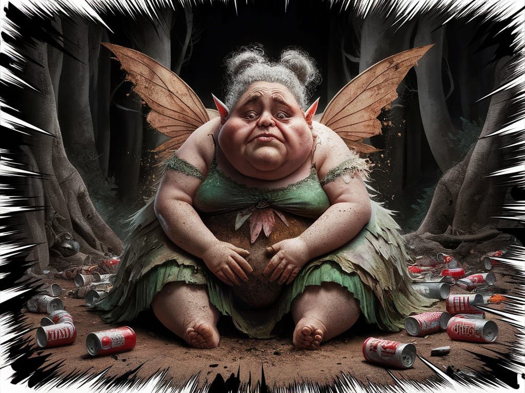 Elderly Fairy in Despair, Tattered Wings and Ragged Dress