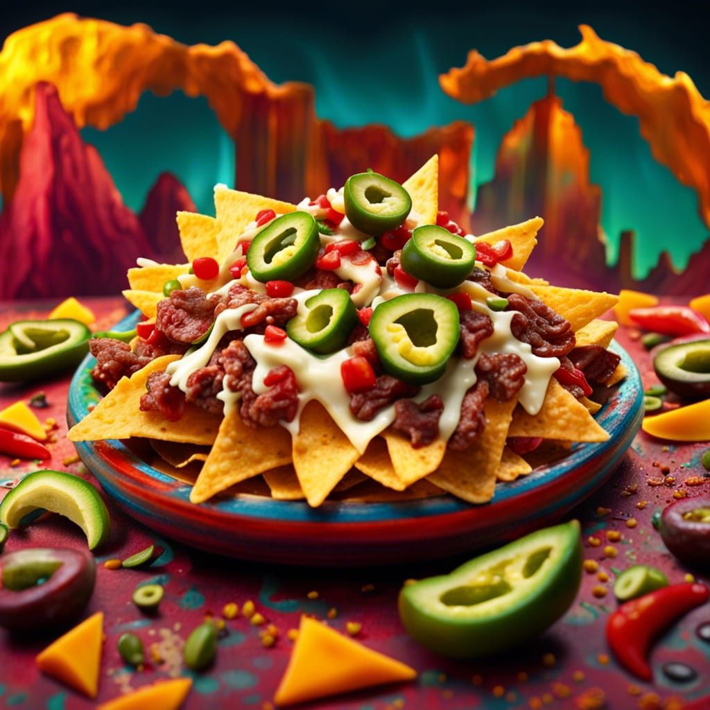 Detailed Nachos with Meat, Peppers and Cheese