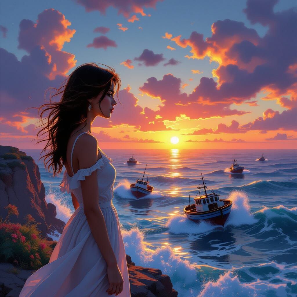 Girl on Cliff Overlooking Stormy Seas at Sunset