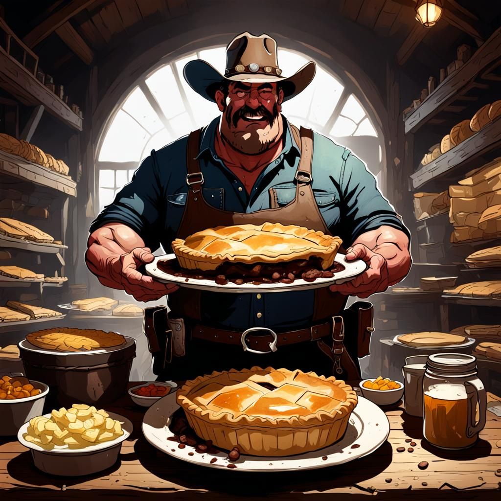 Cowboy Enjoying a Huge Steak Pie in 8k
