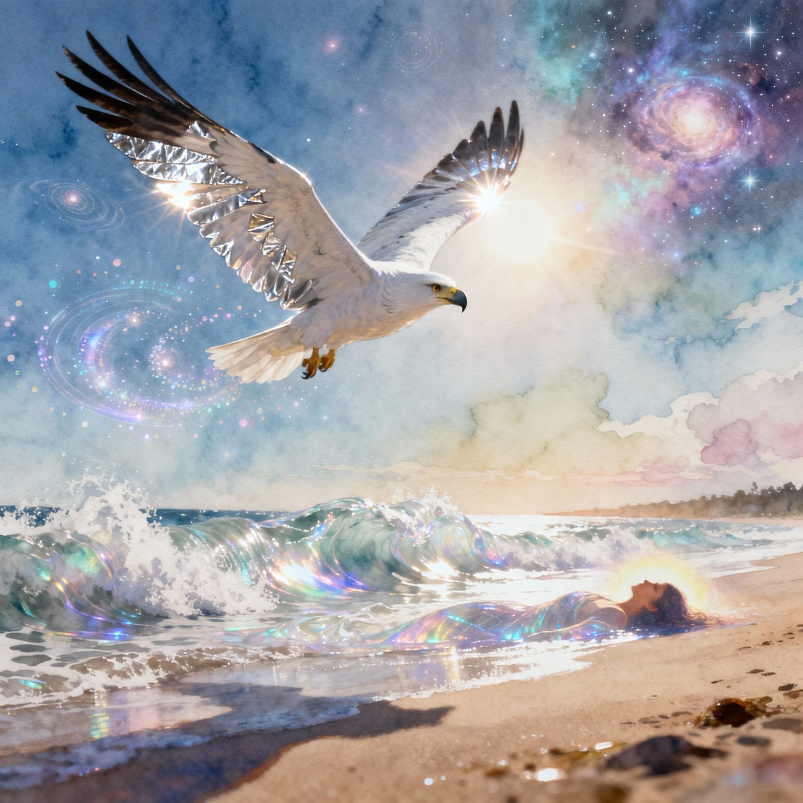 White Bellied Fish Eagle Soars Over Beach in Astral Cosmic S...