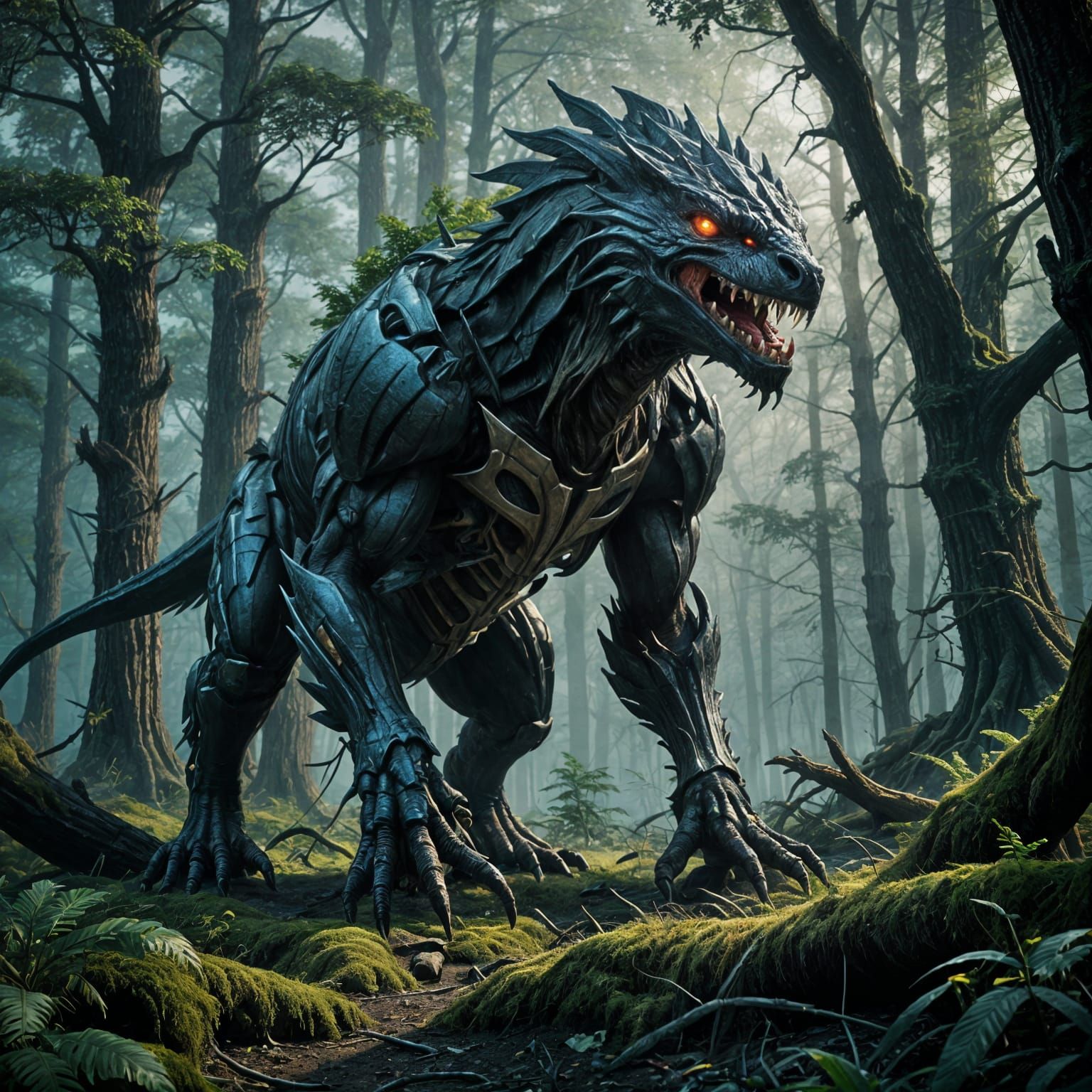 Epic Monster in Vibrant Forest Landscape, as Digital Matte P...