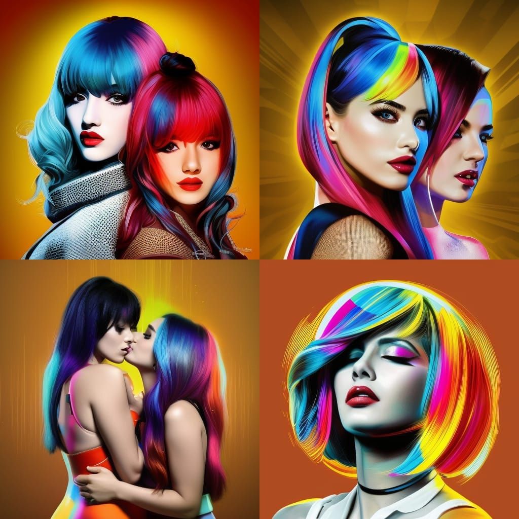 Photo-realism HDR portrait, 2 cute lesbian women making love kissing touching each other, flawless eyes, “by Artgerm, WL...