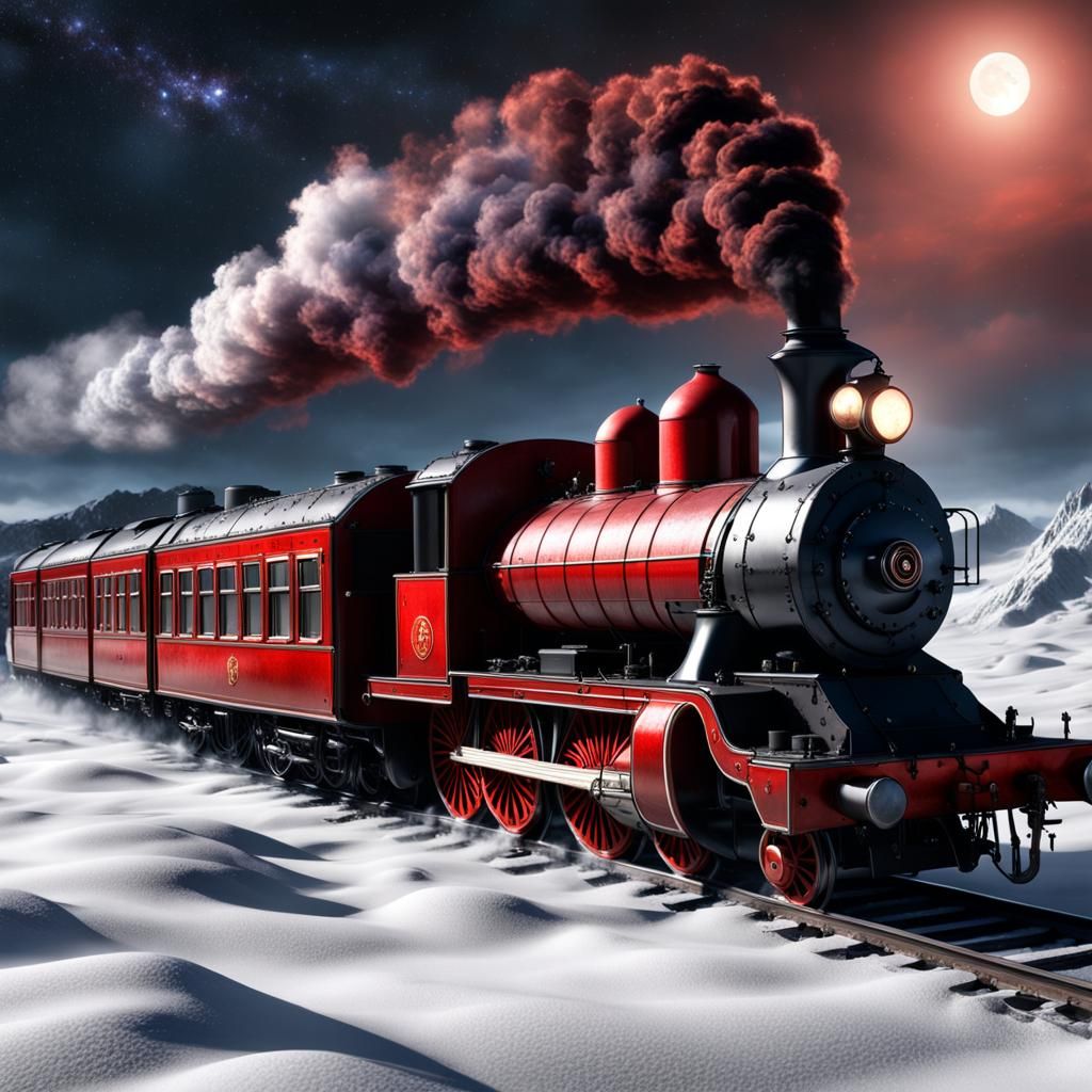 Red Orient Express Soaring Through Starry Sky
