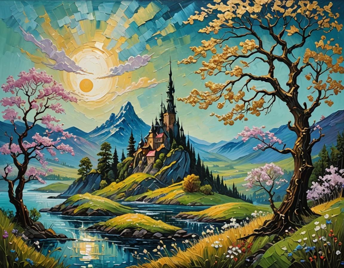 Vibrant Fantasy Landscape in Impasto Style