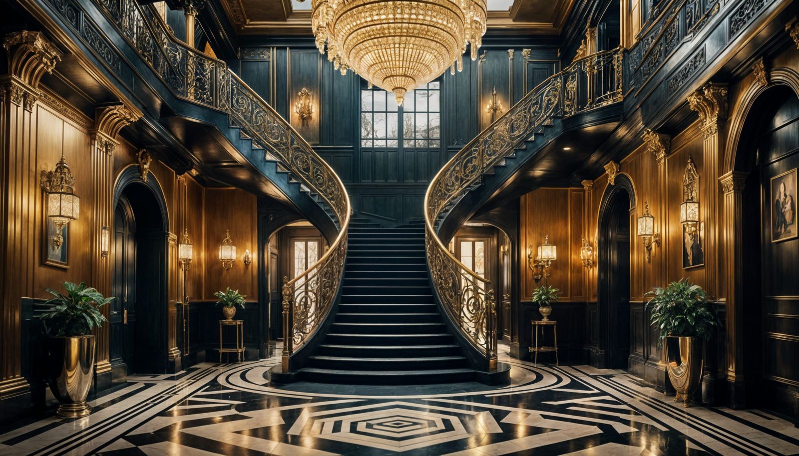 Art Deco Victorian Entryway with Chandelier