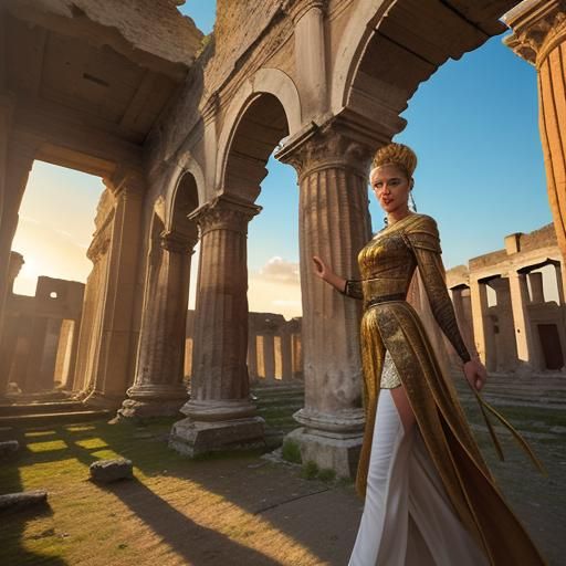 Fashion Models in Pompeii Ruins at Sunset