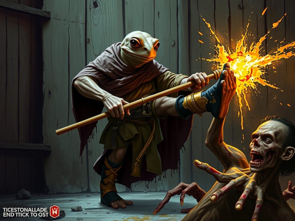 Frog Monk Kicks Zombie in Dramatic Fantasy Style