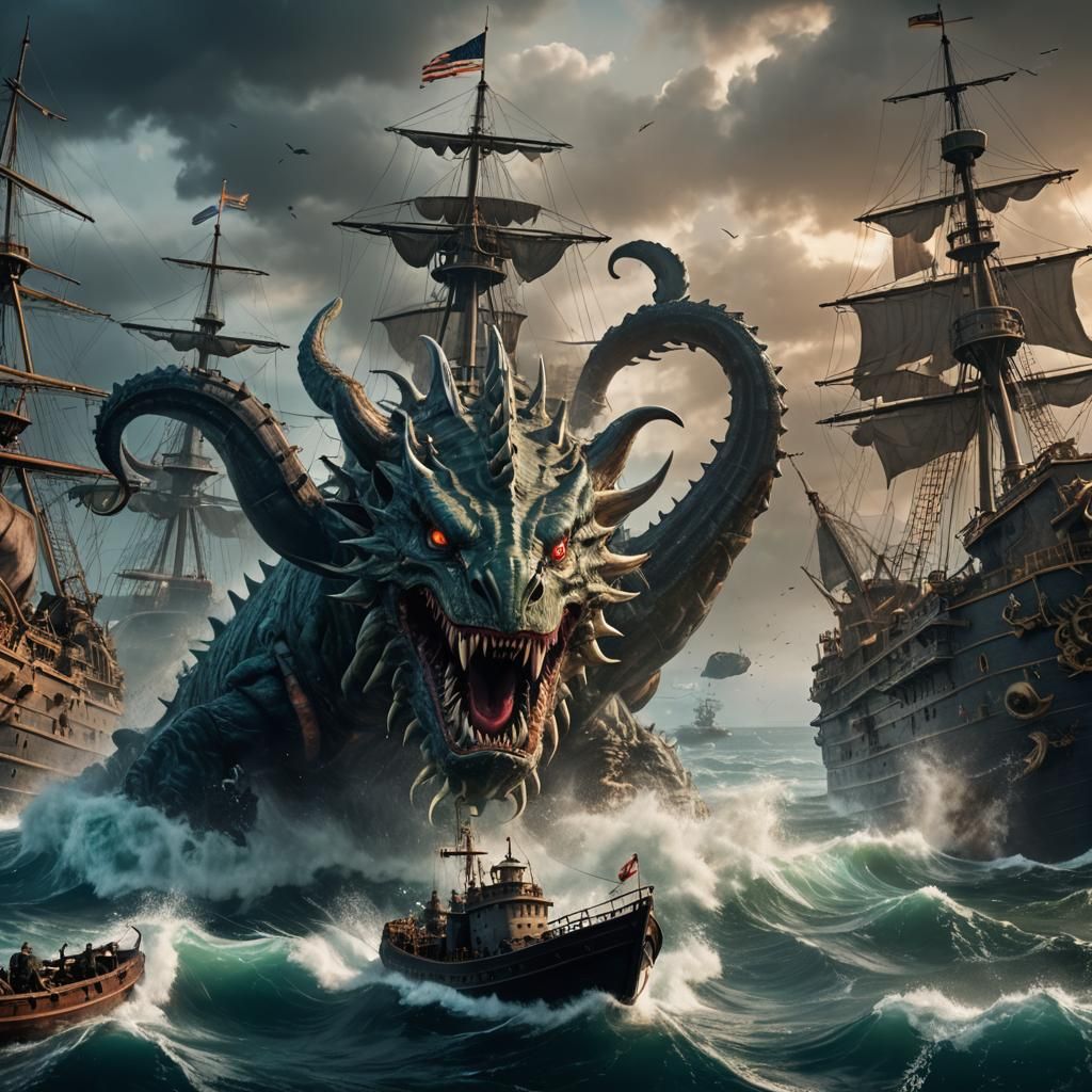 Sea Monster Attacks Warship: Detailed Fantasy Art