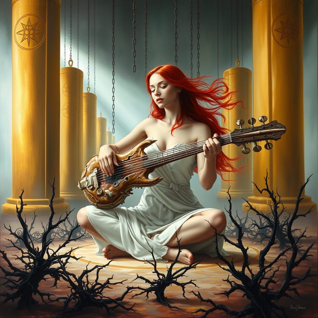 Surreal Fantasy Oil Painting of Woman with Crimson Hair