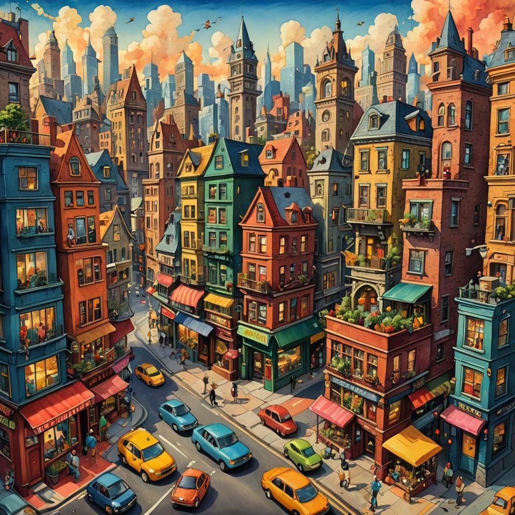 Cartoon Cityscape in Mixed Media Style