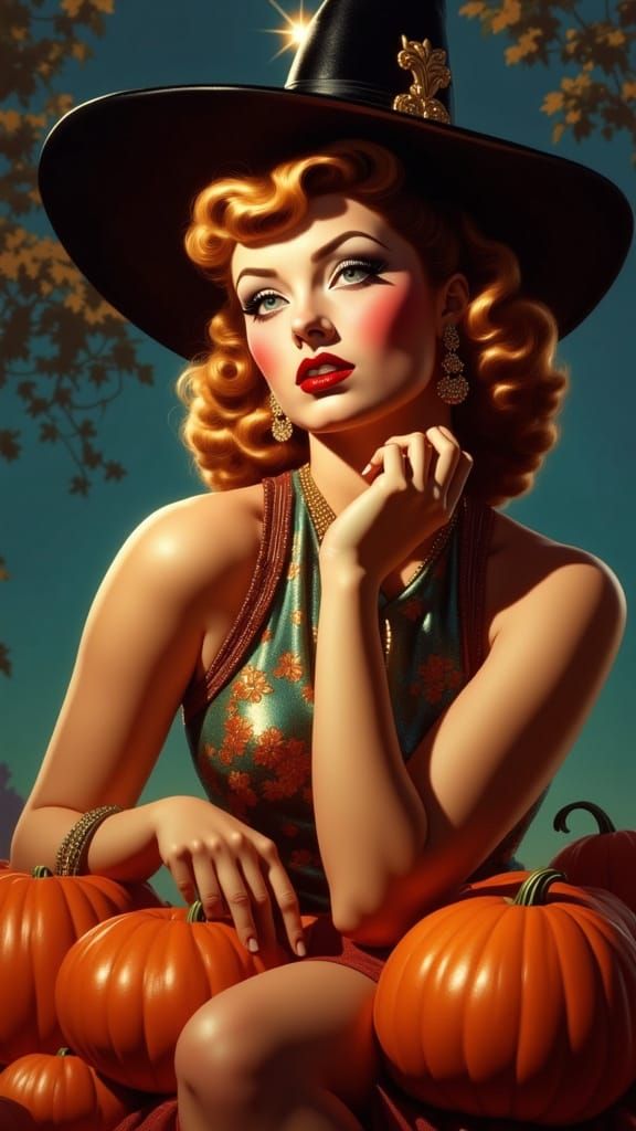 Vintage Pin-Up Witchy Girl Halloween Portrait