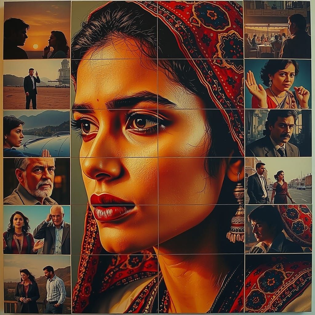 Serene Indian Woman in Mosaic Movie Portrait