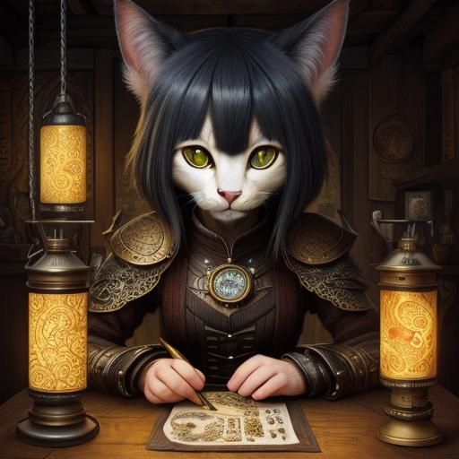 Khajiit in Skyrim Tavern: Pointillist Anthro Cat Art