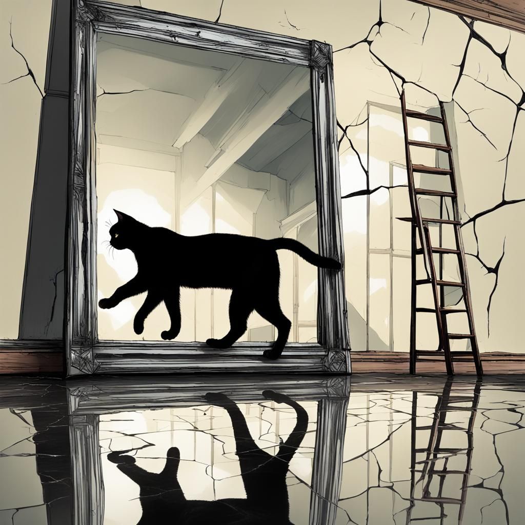 Ominous Walk: Man, Ladder, Cat Reflection