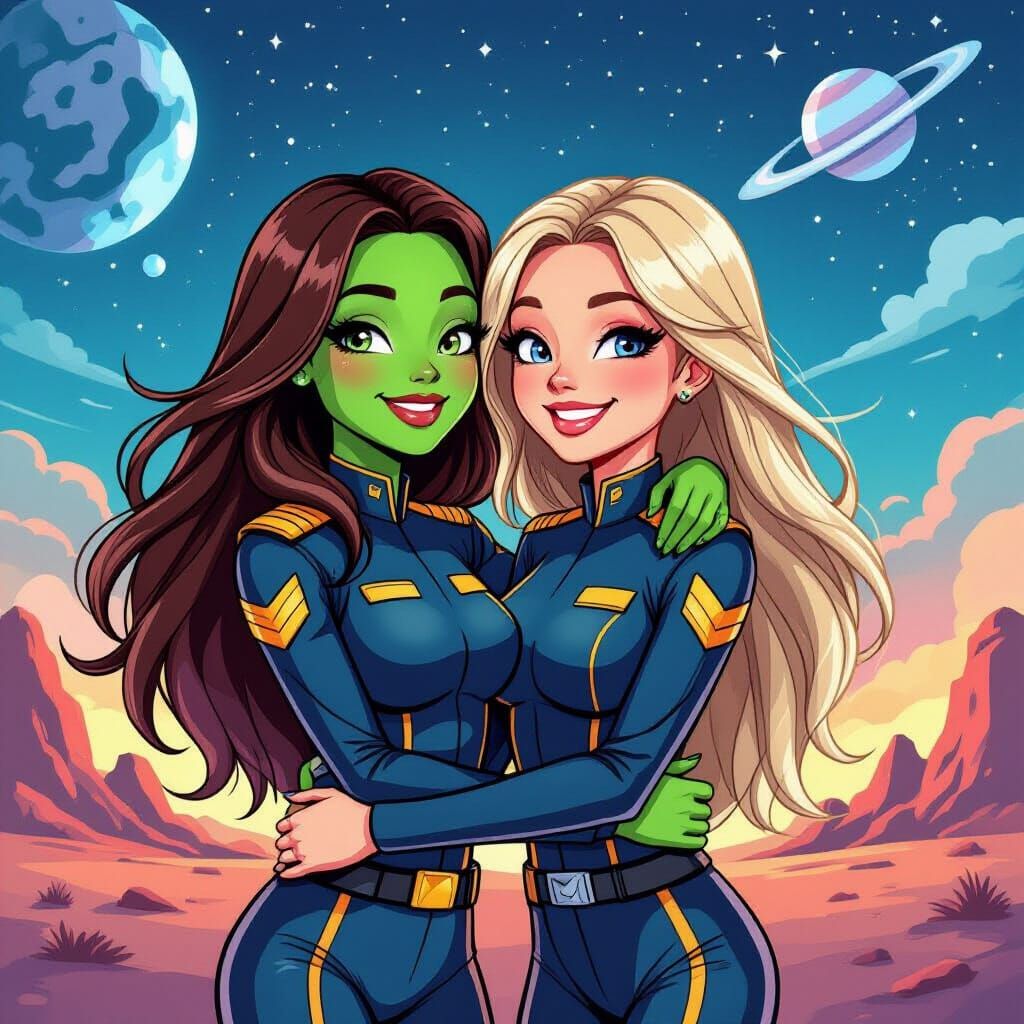 Alien Sweethearts Cuddling on a Cool Planet in Comic Style