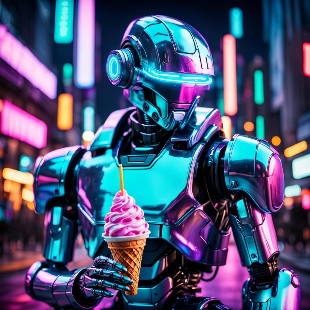 Futuristic Robot Savoring Neon Ice Cream in Cyberpunk Citysc...
