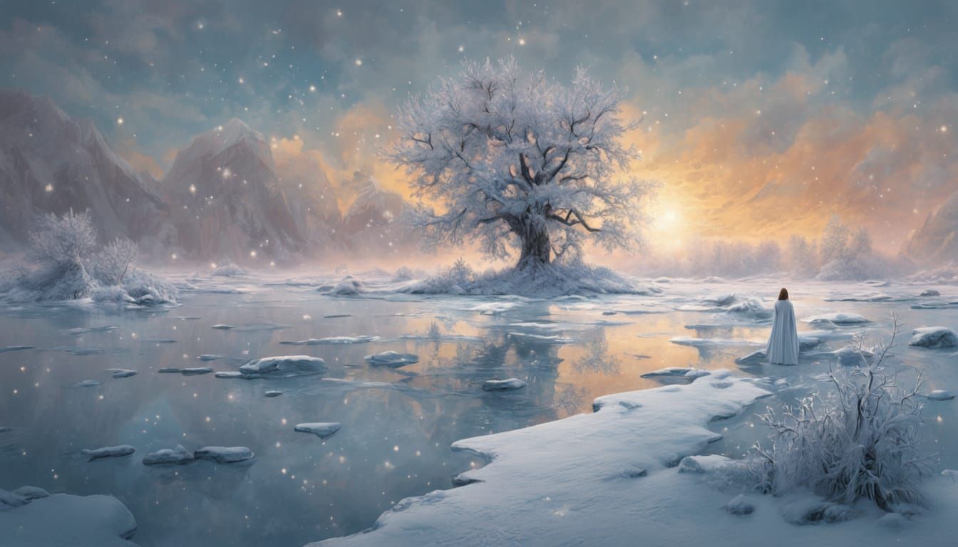 Ethereal Woman in White Robe on Frozen Lake