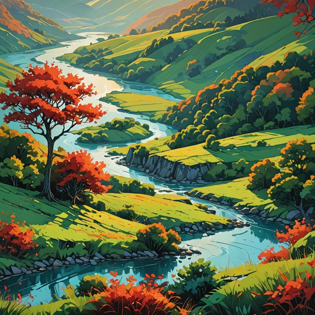 Vibrant Red Tree Sunset Landscape Illustration