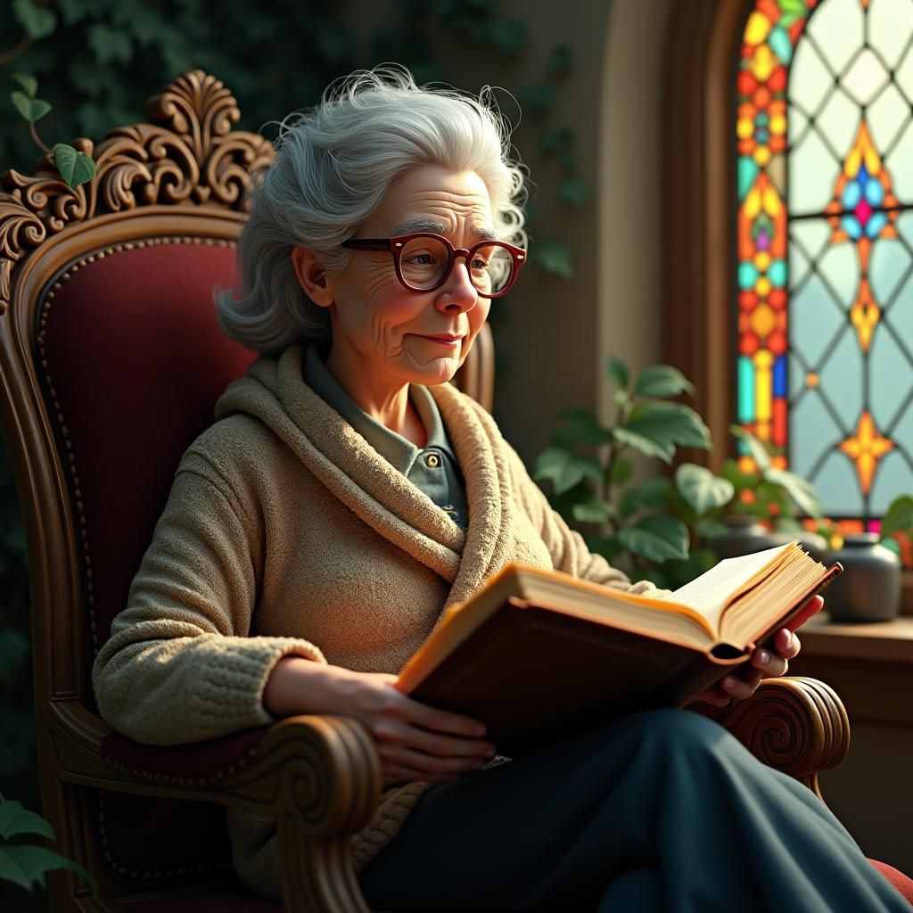 Woman Reading Book in Ornate Rocking Chair