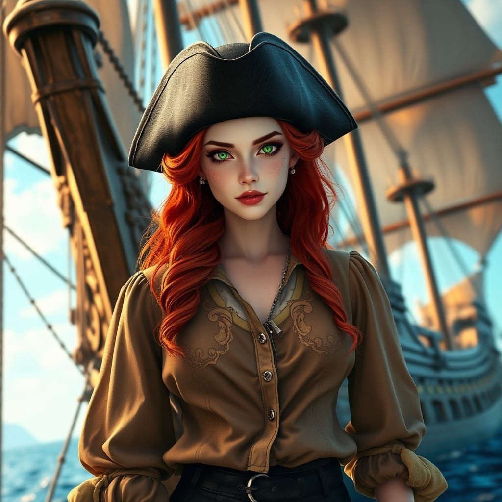 Majestic Pirate Maiden with Emerald Eyes and Fiery Locks